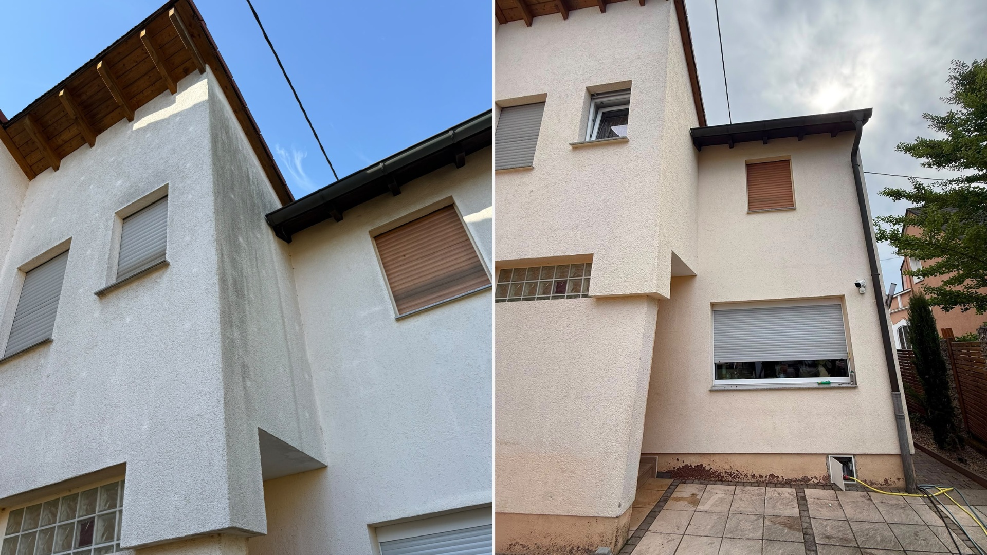 Fassadenreinigung Vorher-Nachher: Verwitterte Fassade mit dunklen Streifen, danach gleichmäßig sauber
