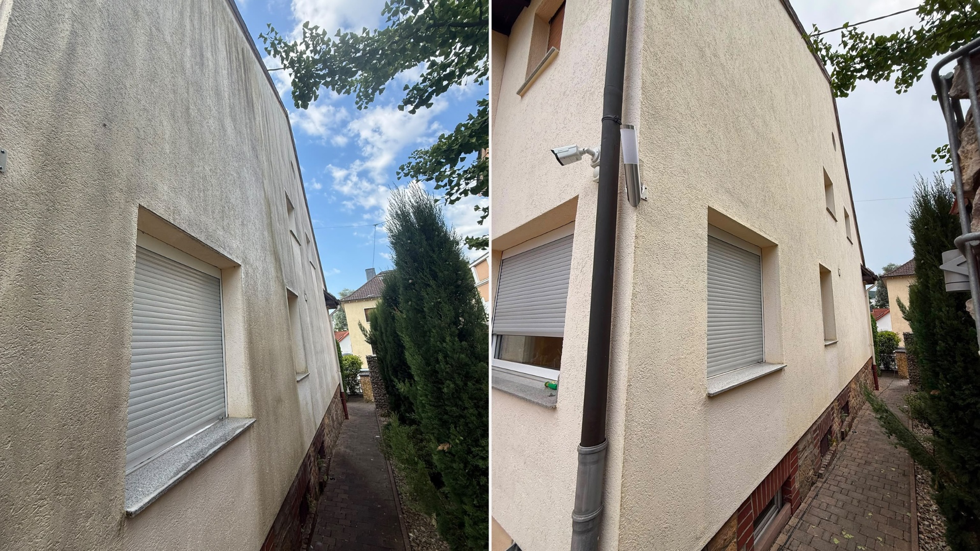 Fassadenreinigung Vorher-Nachher: Verschmutzte Hauswand mit dunklen Ablagerungen, danach sauber