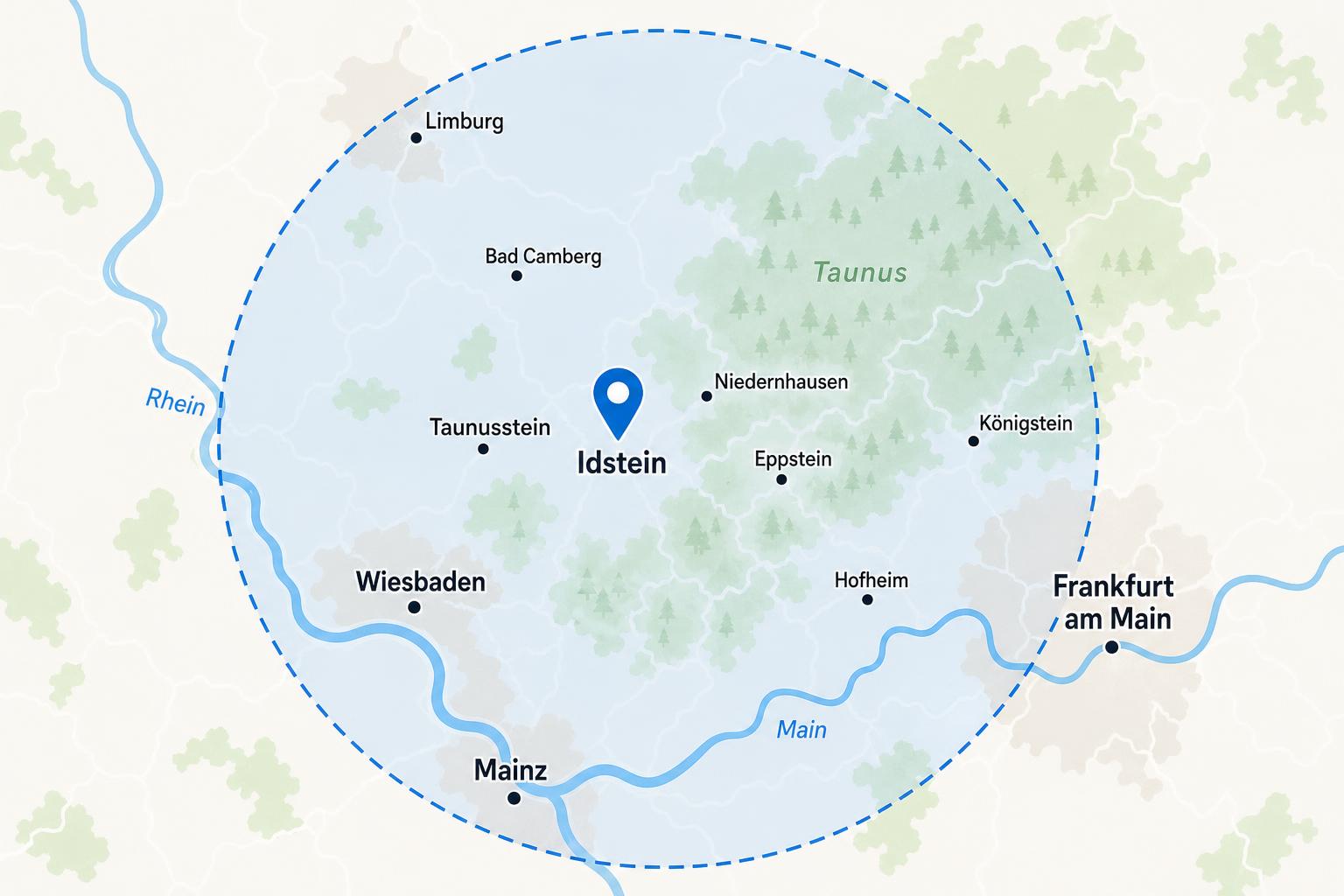 Servicegebiet rund um Idstein – ca. 40 km Radius inkl. Frankfurt, Wiesbaden, Mainz, Limburg und Taunus