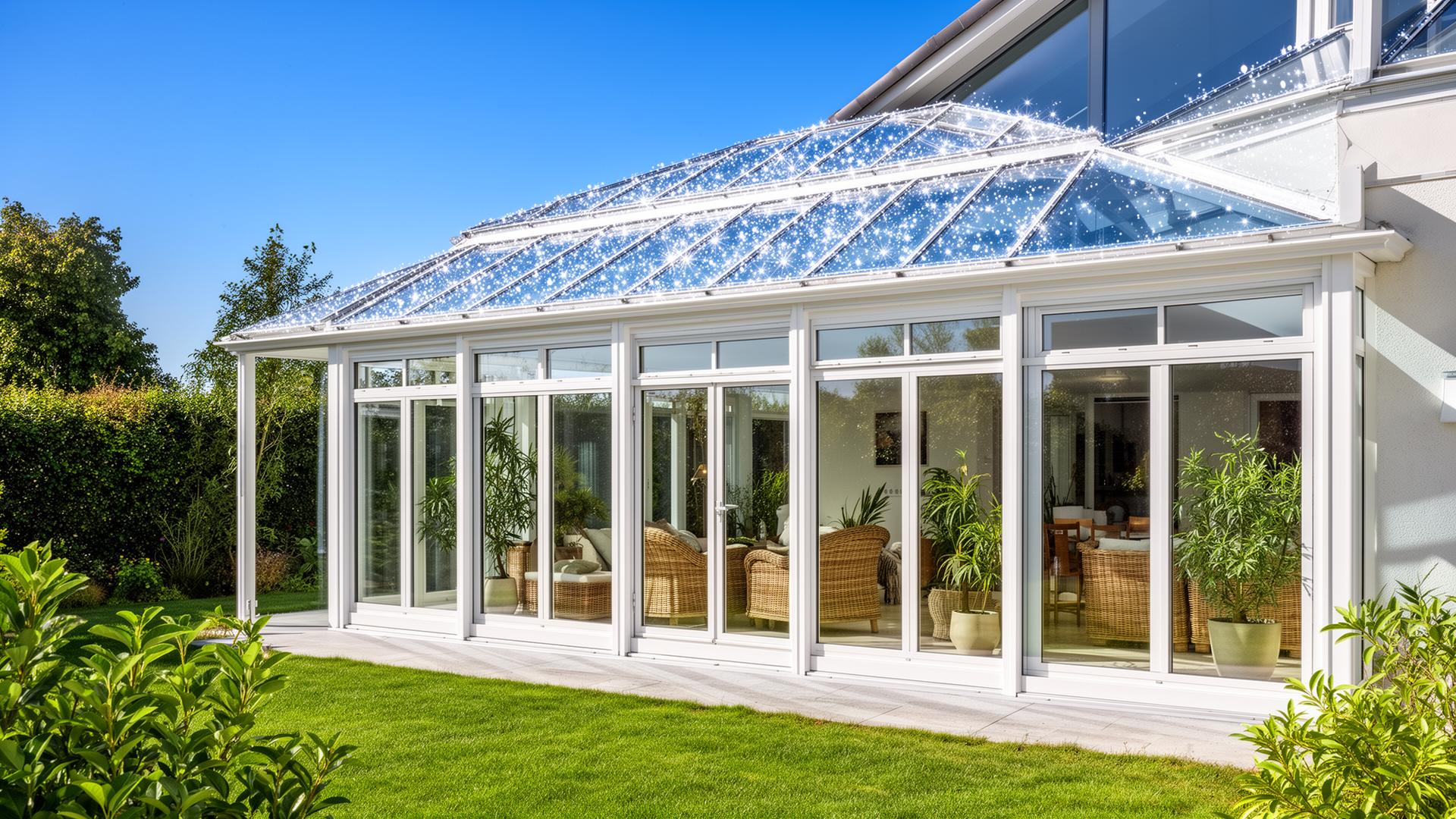Sauberer Wintergarten mit klarem Glasdach nach professioneller Reinigung