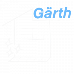 Gärth Logo transparent – weißes Haus mit Glanzeffekt und hellblauem Schriftzug „Ihr Haus: Wie neu“